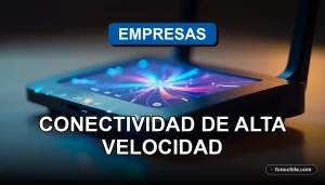 Un router empresarial de alta velocidad sobre un escritorio moderno, mostrando gráficos abstractos de datos en su pantalla LED.