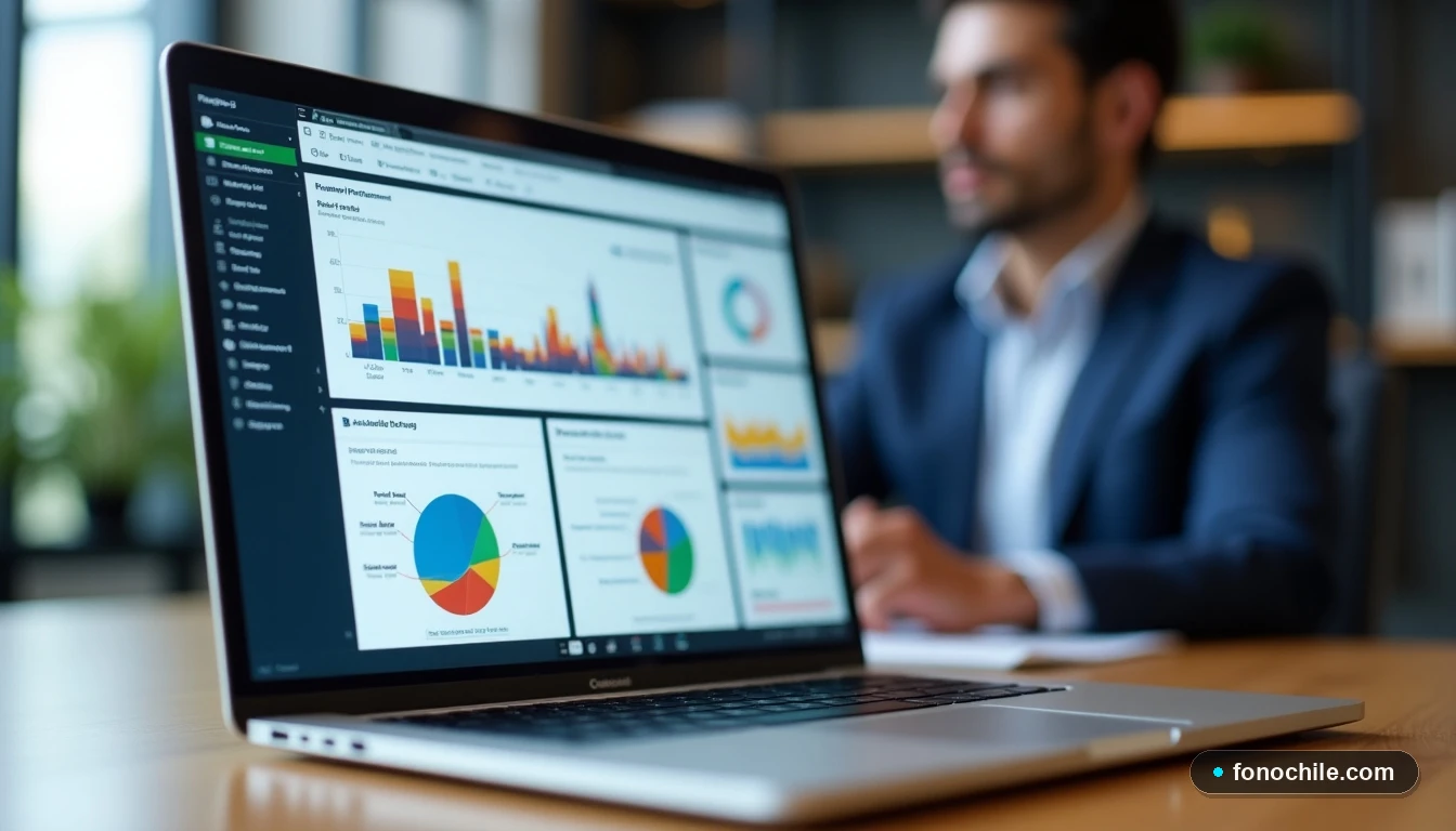 Laptop mostrando gráficos de rendimiento de red en una oficina moderna para análisis de conectividad empresarial.