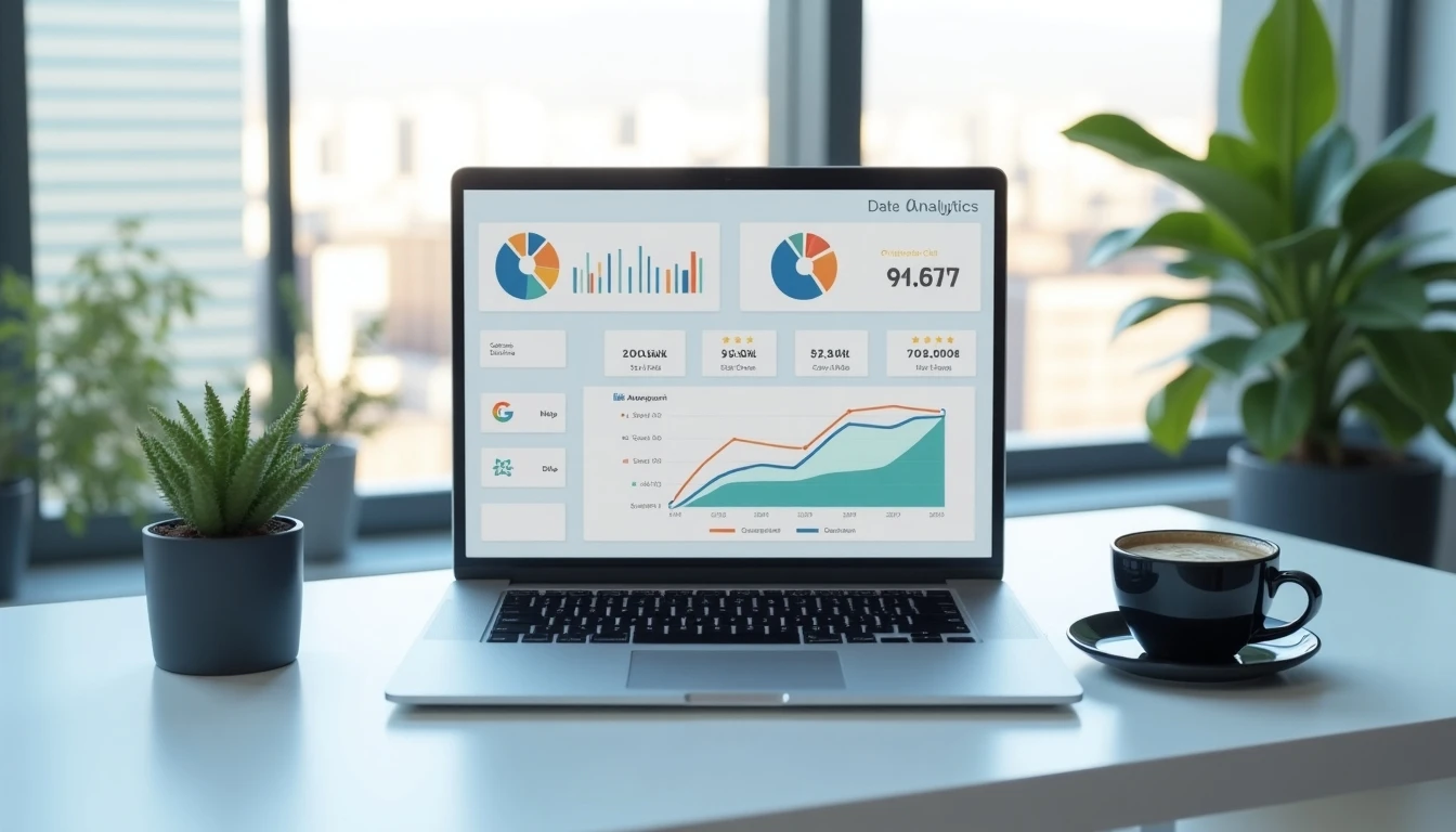 Escritorio moderno en oficina de Santiago con laptop mostrando análisis de datos para empresa chilena, concepto de internet empresarial 2026.
