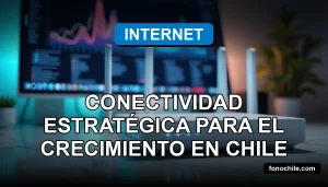 Moderno router empresarial 5G con luces LED azules sobre una mesa de oficina minimalista, mostrando gráficos abstractos en una pantalla borrosa de fondo.