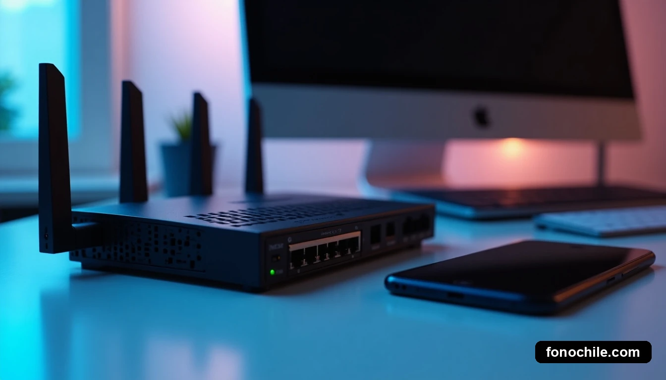 Detalle de router y switch de red empresarial en una configuración minimalista, con un smartphone en la mesa, iluminados por suaves luces LED azules.