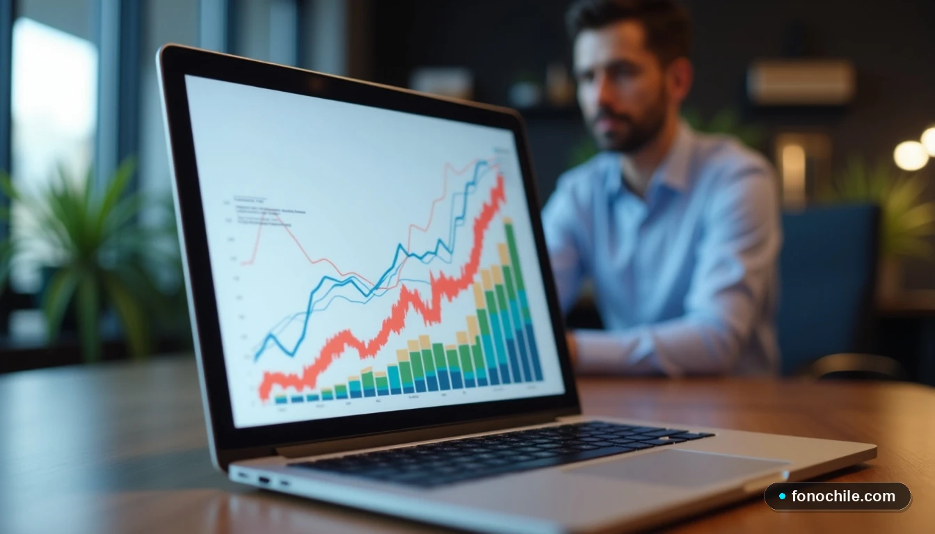 Gráficos abstractos de crecimiento de datos en pantalla de laptop, representando el aumento de productividad con Internet Empresas 2026.