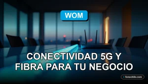 Moderno router 5G y cable de fibra óptica brillando sobre una mesa de trabajo minimalista, representando conectividad empresarial de alta velocidad.