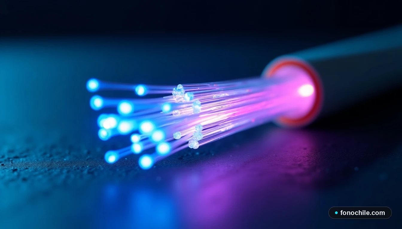 Primer plano macro de un haz de cables de fibra óptica iluminados, mostrando los núcleos de luz en colores cian y púrpura, sobre una superficie de pizarra oscura.