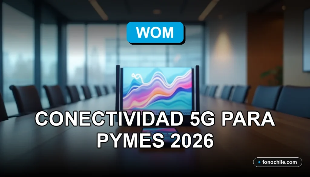 Empresas y pymes se conectan al futuro con la red 5G de WOM en 2026, mostrando gráficos de datos abstractos en dispositivos modernos.