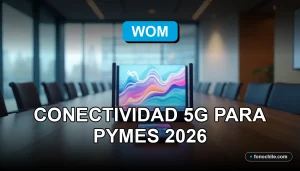 Empresas y pymes se conectan al futuro con la red 5G de WOM en 2026, mostrando gráficos de datos abstractos en dispositivos modernos.