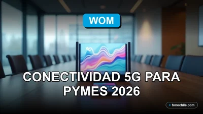 Empresas y pymes se conectan al futuro con la red 5G de WOM en 2026, mostrando gráficos de datos abstractos en dispositivos modernos.