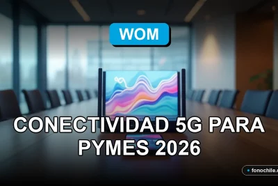 Empresas y pymes se conectan al futuro con la red 5G de WOM en 2026, mostrando gráficos de datos abstractos en dispositivos modernos.