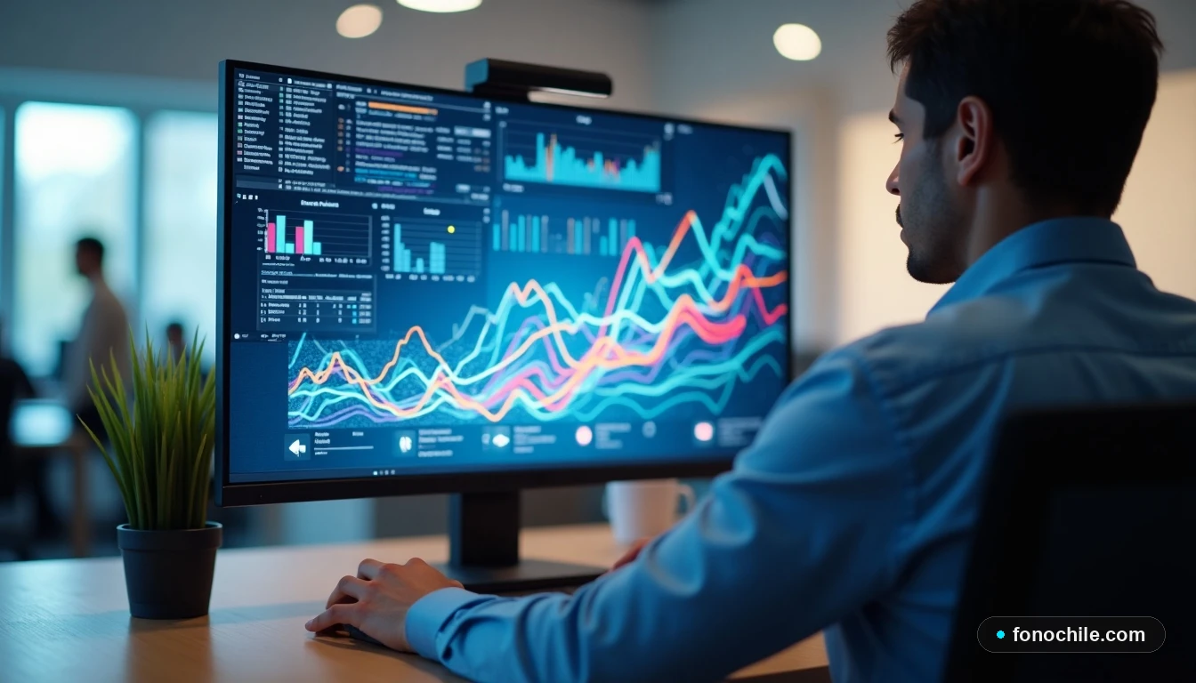 Monitor de oficina mostrando gráficos abstractos de datos de red y conectividad 5G para análisis empresarial.