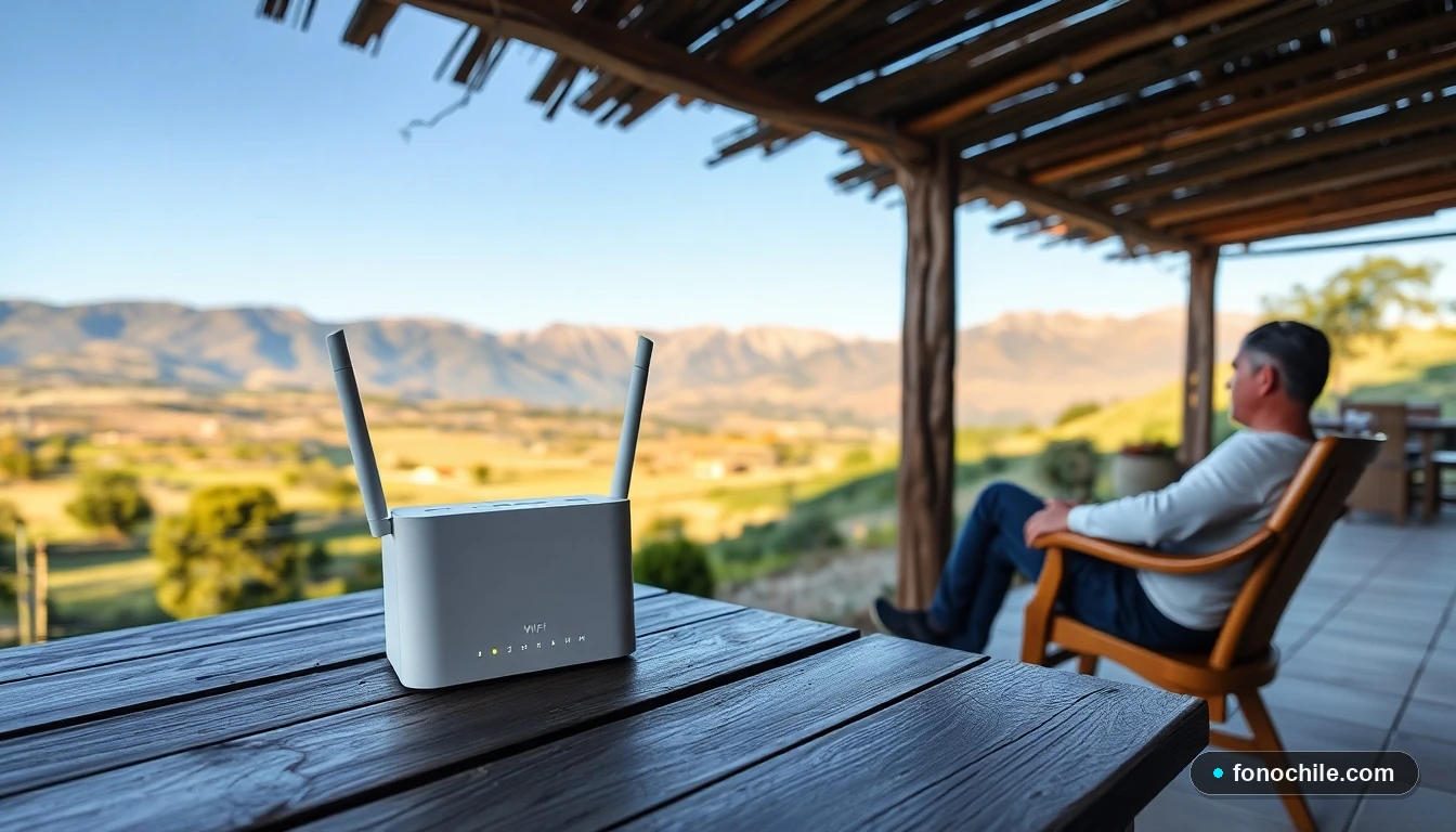 Router Wi-Fi moderno sobre mesa de madera en patio con vista a los cerros de San José de Maipo, simbolizando conectividad en zona rural.