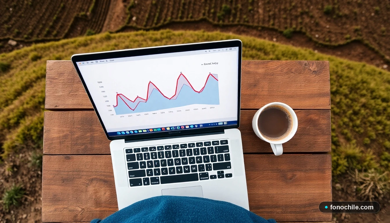 Laptop mostrando gráficos de conectividad en una mesa de madera en un entorno rural chileno, con un mate al lado.