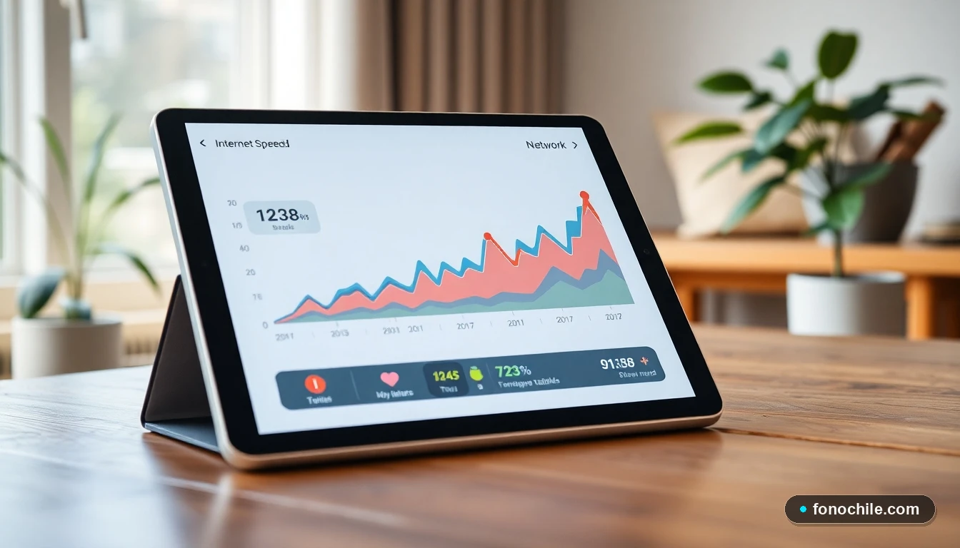 Gráfico abstracto de velocidad y estabilidad de red en una tablet, representando el rendimiento de internet hogar.