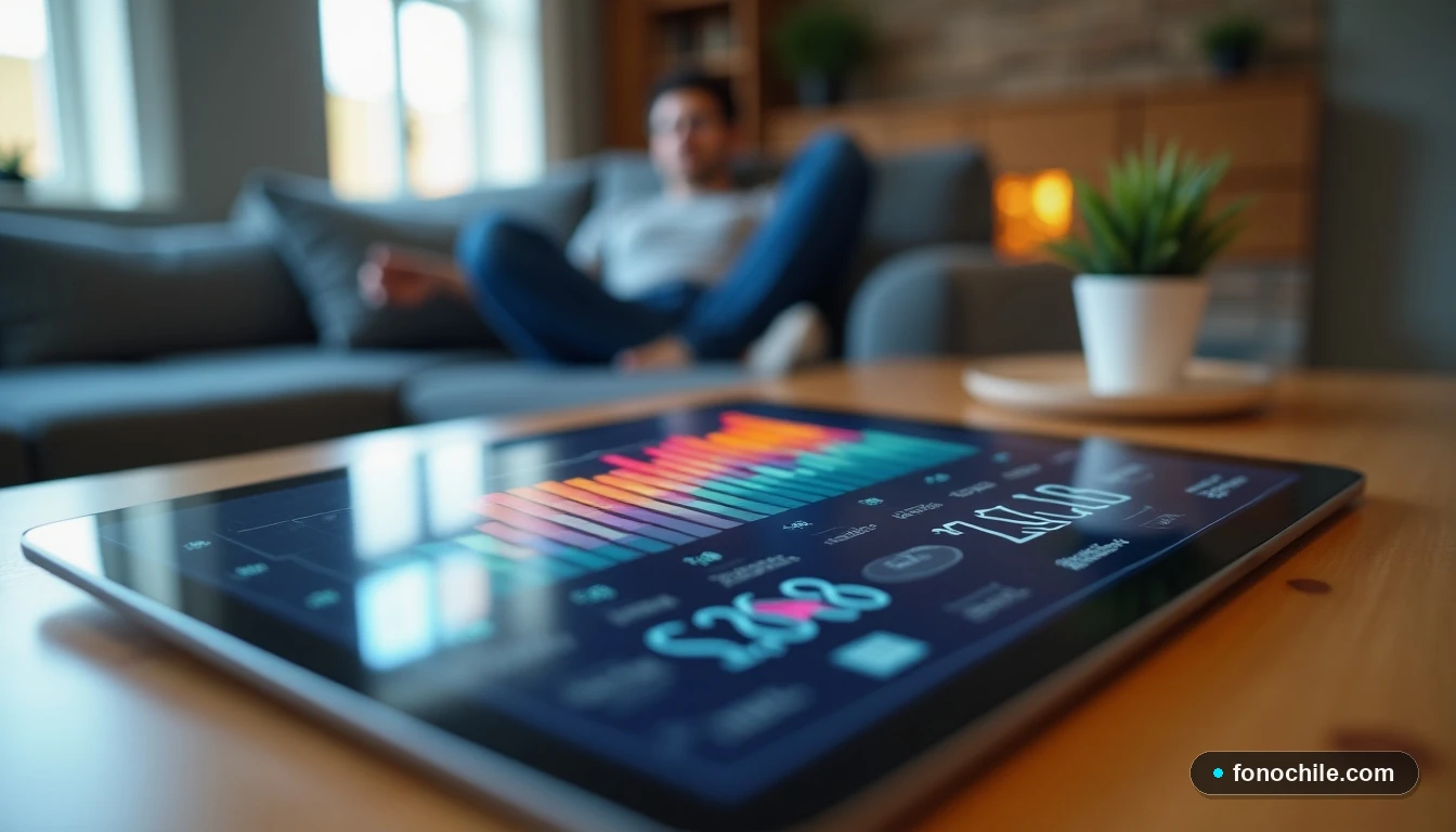 Gráfico abstracto de colores mostrando métricas de velocidad y estabilidad de internet fibra óptica en una tablet