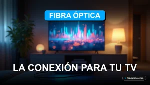 Un televisor 4K moderno muestra gráficos abstractos de colores, conectado a un router de fibra óptica con luces LED azules, en una sala de estar minimalista.