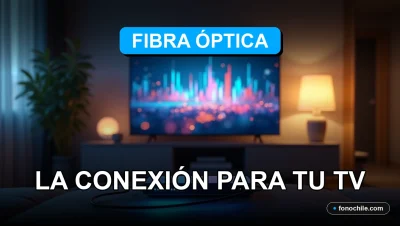 Un televisor 4K moderno muestra gráficos abstractos de colores, conectado a un router de fibra óptica con luces LED azules, en una sala de estar minimalista.