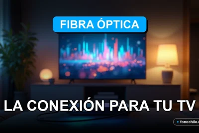 Un televisor 4K moderno muestra gráficos abstractos de colores, conectado a un router de fibra óptica con luces LED azules, en una sala de estar minimalista.