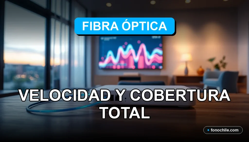 Un router moderno de fibra óptica y cables de conexión brillantes sobre una mesa de diseño, mostrando gráficos abstractos de velocidad en su pantalla.