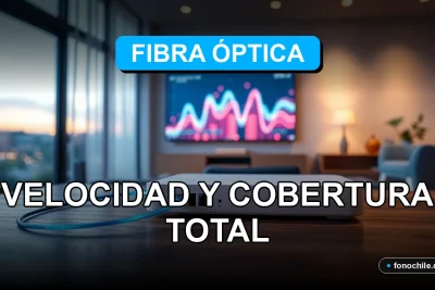 Un router moderno de fibra óptica y cables de conexión brillantes sobre una mesa de diseño, mostrando gráficos abstractos de velocidad en su pantalla.