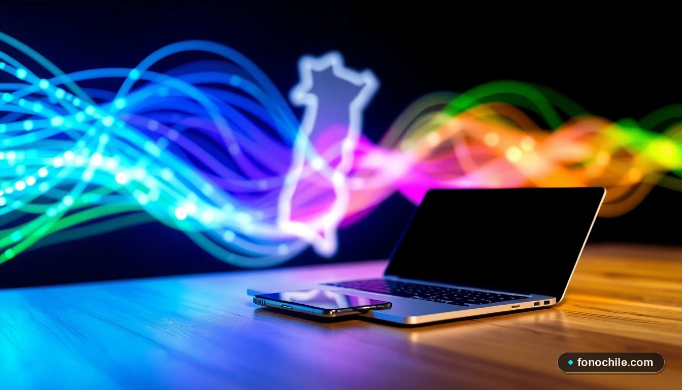 Flujos de datos luminosos de fibra óptica sobre un mapa abstracto de Chile, con dispositivos modernos en una mesa.