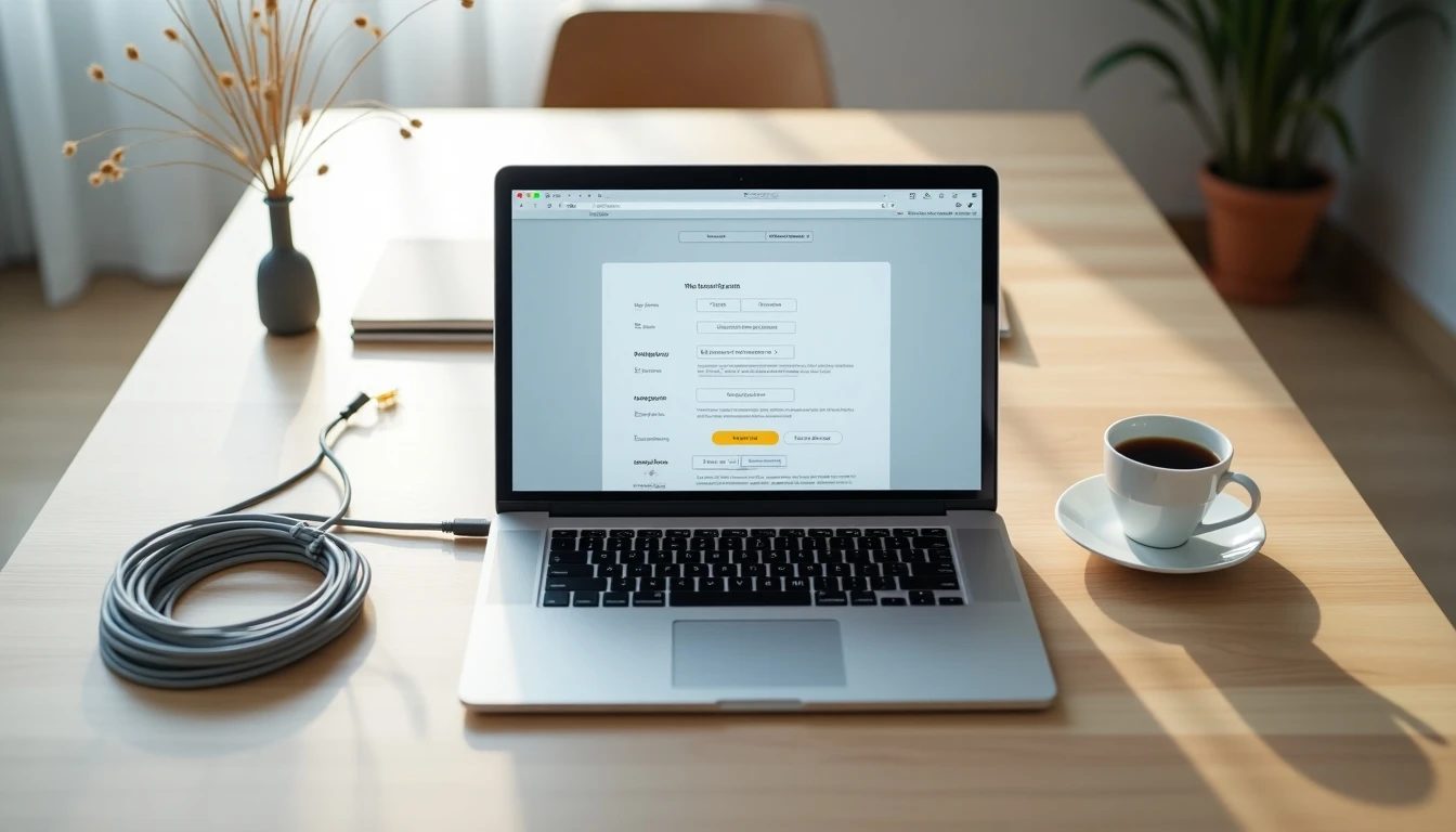 Configuración moderna de home office con fibra óptica, representando la velocidad de internet Wisplan.