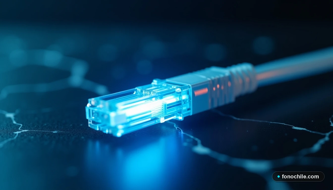 Primer plano detallado de un cable de fibra óptica de Wisplan con luz azul pulsante, sobre fondo de ciudad desenfocada.