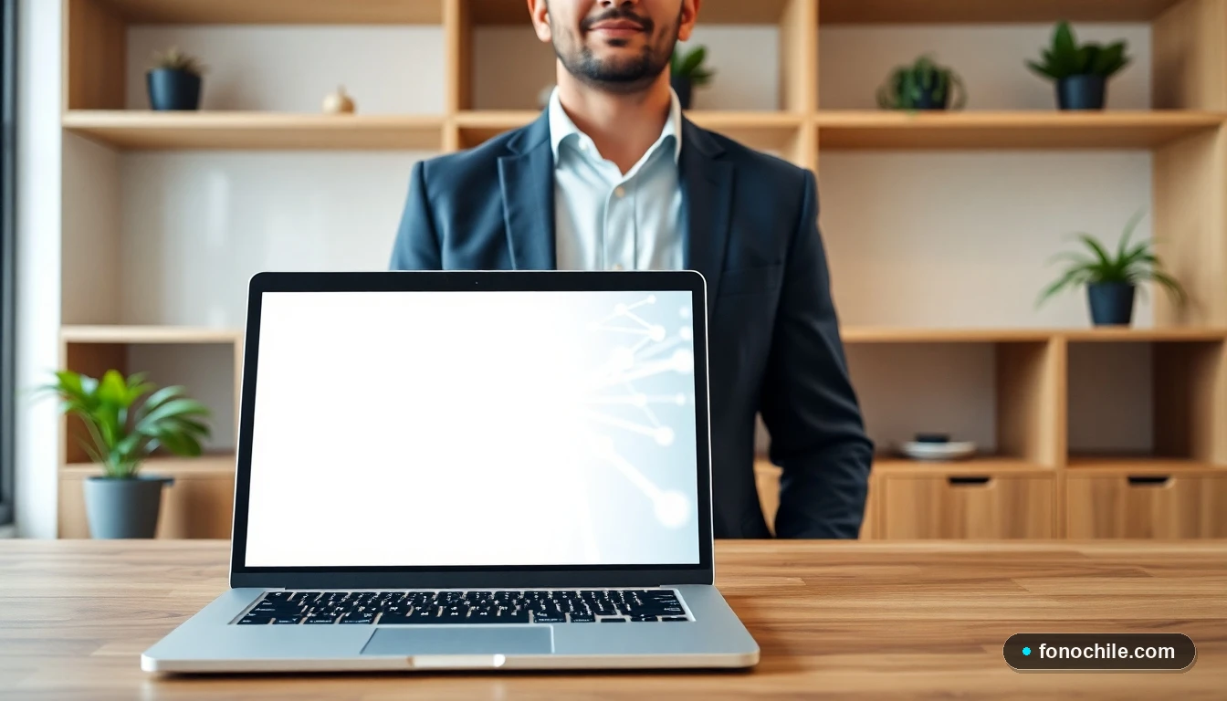 Profesional hispano en oficina moderna de Santiago evaluando conectividad de fibra óptica para su empresa, con dispositivos en reposo.