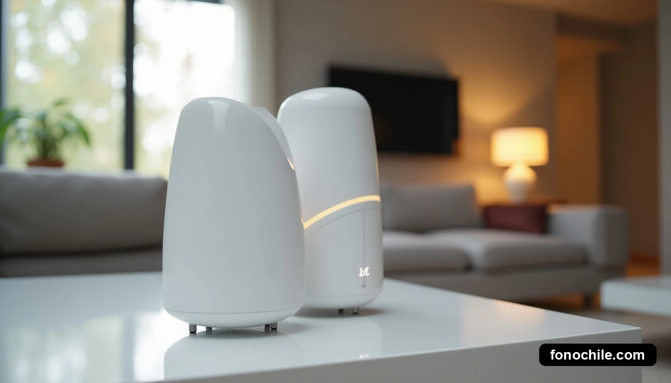 Sistema de malla Wi-Fi moderno en un salón, representando cobertura total para el hogar.