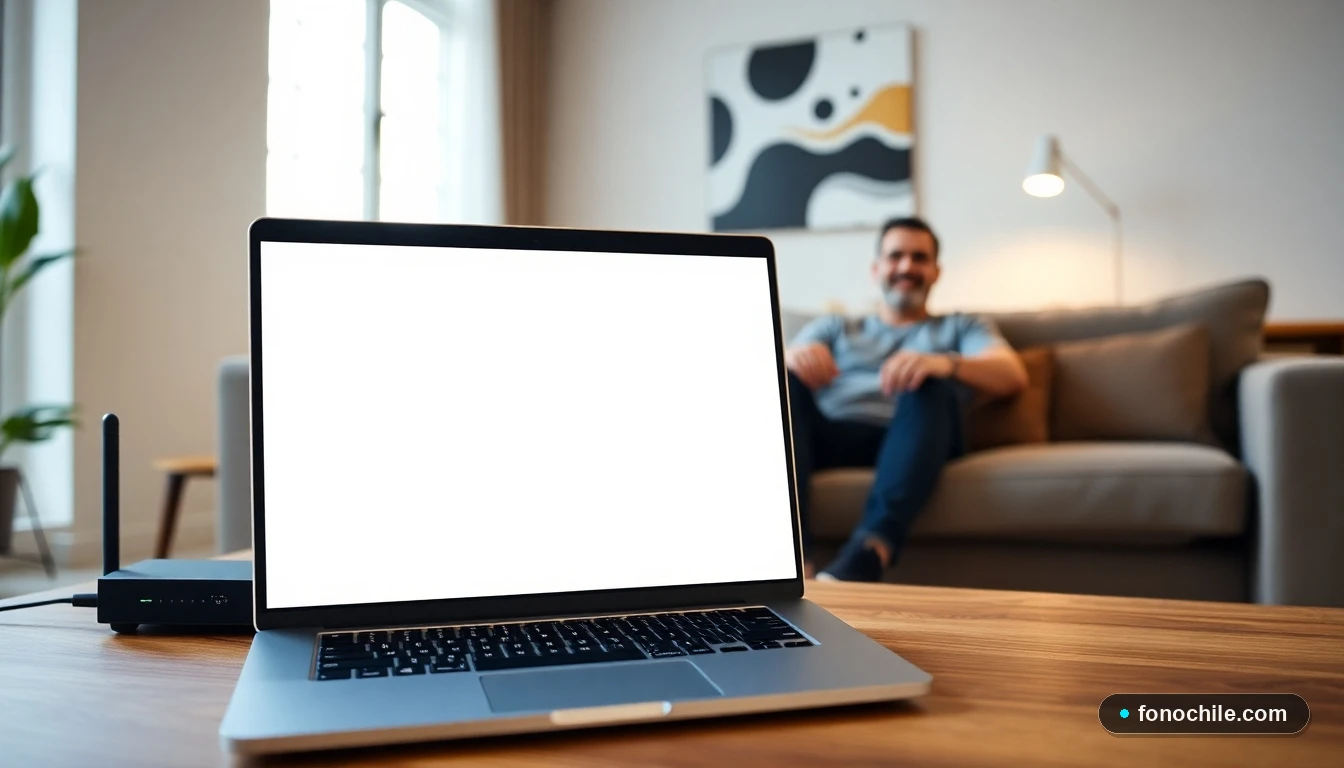 Router de fibra óptica y laptop en una mesa de living moderno en Chile, representando una conexión de internet hogar estable.