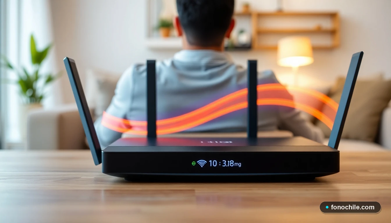 Gráfico abstracto de velocidad de internet mostrando conexión estable y rápida, con router moderno en un hogar chileno.