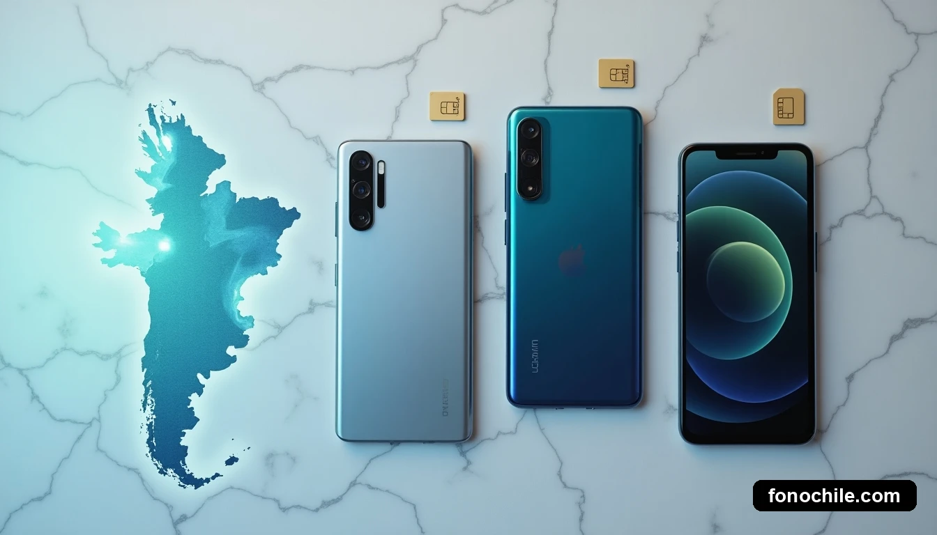 Tres teléfonos inteligentes con sus SIM cards, mostrando gráficos abstractos de datos, dispuestos en comparación sobre una superficie clara con un mapa de Chile de fondo.