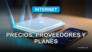 Un router inalámbrico moderno con luces LED azules y un smartphone, sobre una mesa de madera clara, representando la conectividad en Chile.