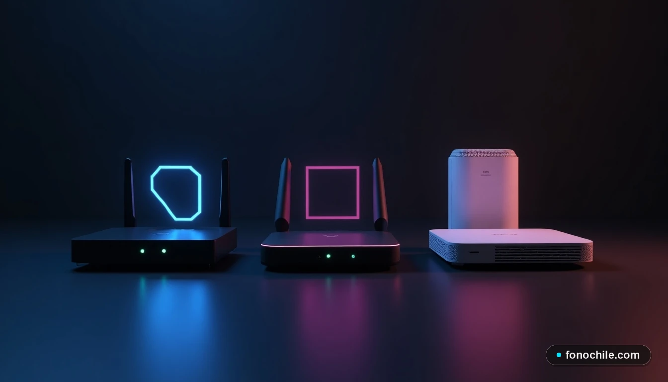Variedad de routers y módems modernos con iluminación LED, en una composición minimalista sobre fondo oscuro.