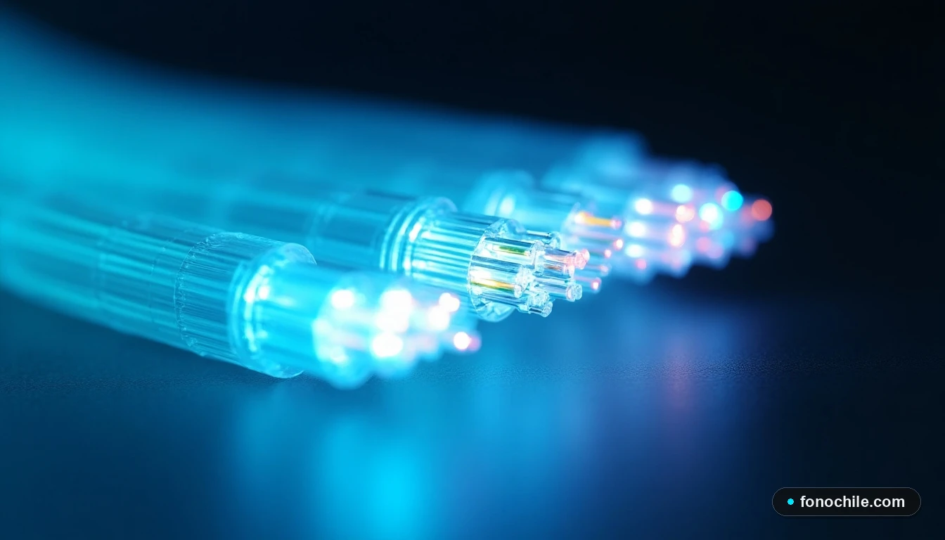 Primer plano detallado de cables de fibra óptica de Intelcom con pulsos de luz, representando alta velocidad y tecnología.