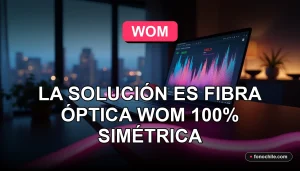Fibra óptica simétrica WOM 2026, solución para internet lento, gráficos abstractos de velocidad en pantalla.