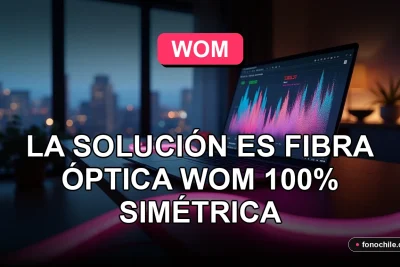 Fibra óptica simétrica WOM 2026, solución para internet lento, gráficos abstractos de velocidad en pantalla.