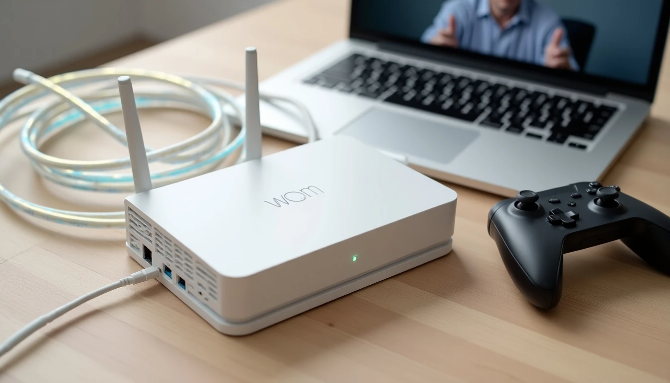 Router moderno WOM y cable de fibra óptica en configuración de mesa, listos para conexión ultrarrápida en el hogar inteligente 2026.