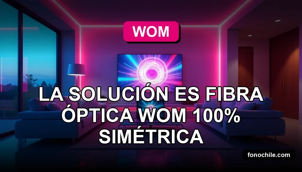Fibra óptica WOM de alta velocidad iluminando un moderno living con gráficos abstractos en pantallas.