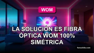 Fibra óptica WOM de alta velocidad iluminando un moderno living con gráficos abstractos en pantallas.