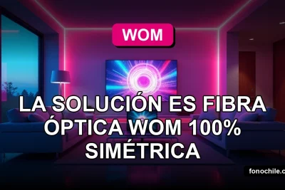 Fibra óptica WOM de alta velocidad iluminando un moderno living con gráficos abstractos en pantallas.