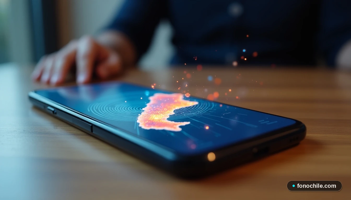 Smartphone mostrando un mapa de cobertura 5G abstracto y colorido sobre Chile, con ondas de señal representando la expansión de la red.