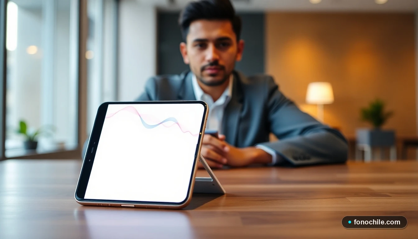 Smartphone mostrando visualización abstracta de conexión de datos 5G en un entorno de trabajo moderno en Chile.