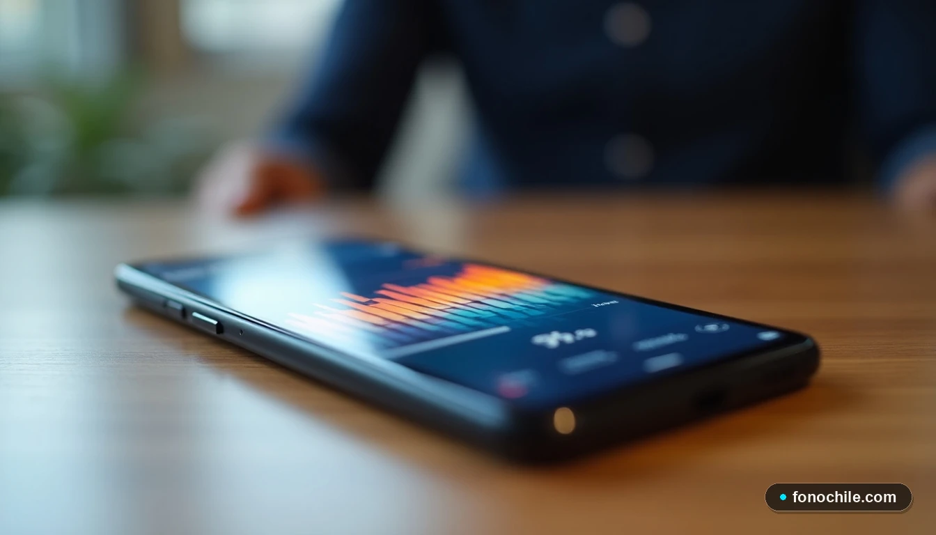 Smartphone mostrando gráfico de velocidad de internet móvil sobre una mesa de madera.