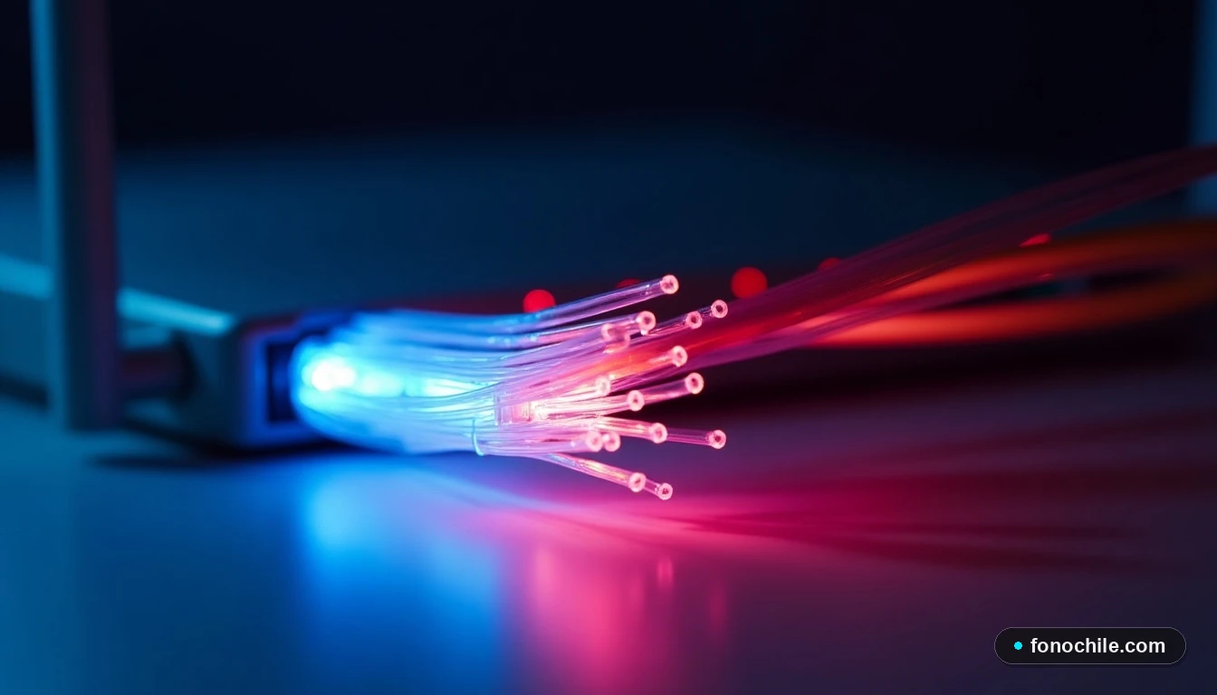 Detalle de cables de fibra óptica iluminados en azul y rojo, sobre una mesa, representando alta velocidad de internet.