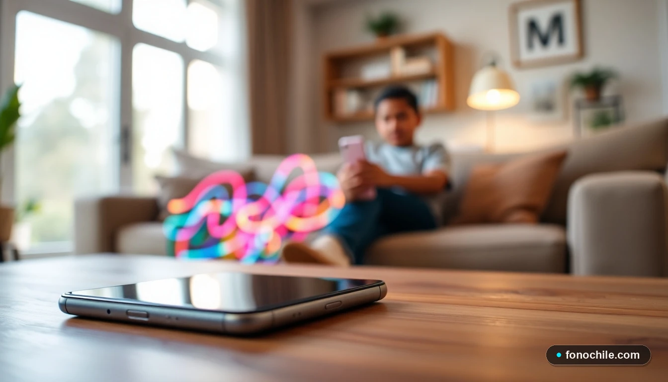 Smartphone mostrando visualización abstracta de conexión de datos móviles en un entorno hogareño.