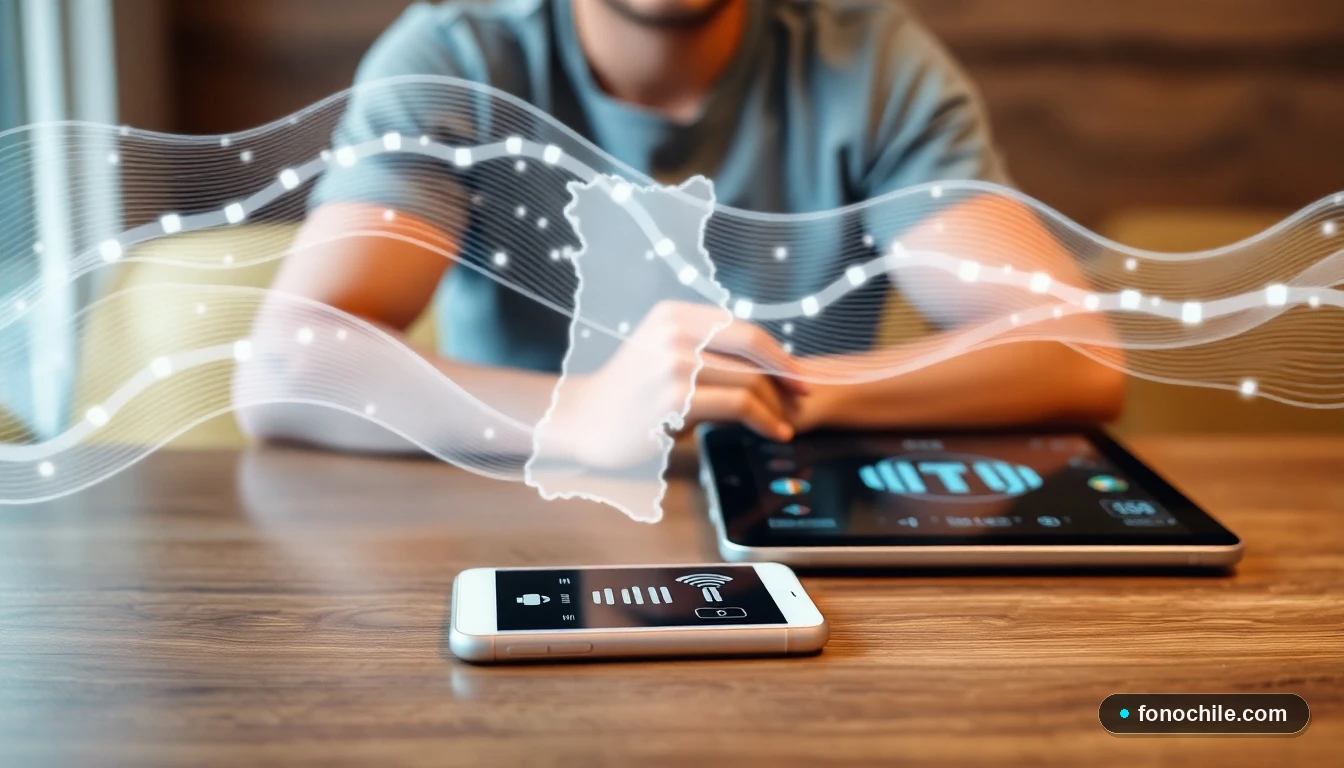 Gráfico abstracto de conectividad a internet sobre Chile, representando la cobertura de Internet Hogar en el país.