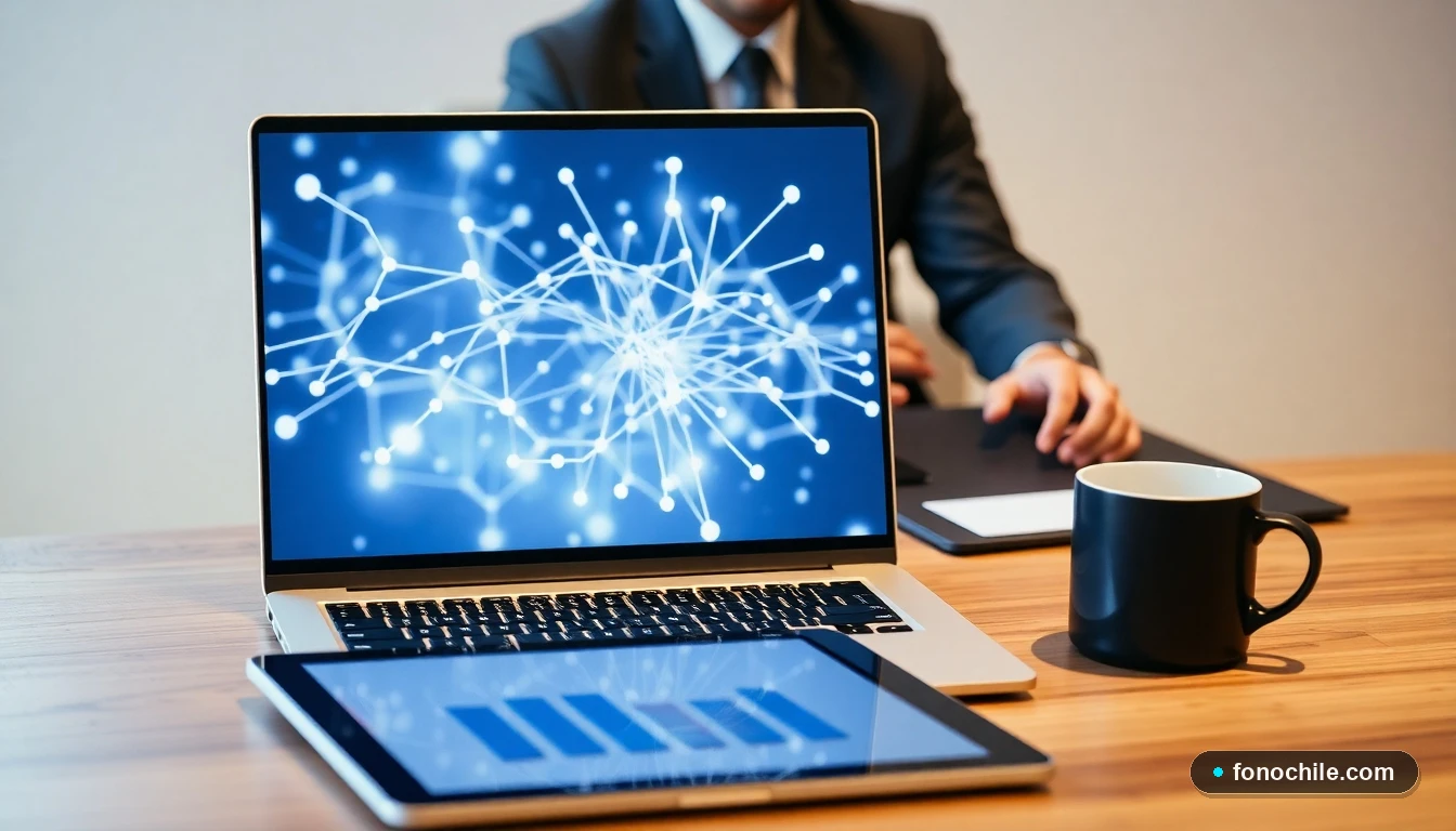 Escritorio moderno en oficina chilena con dispositivos mostrando gráficos de conectividad de red empresarial.