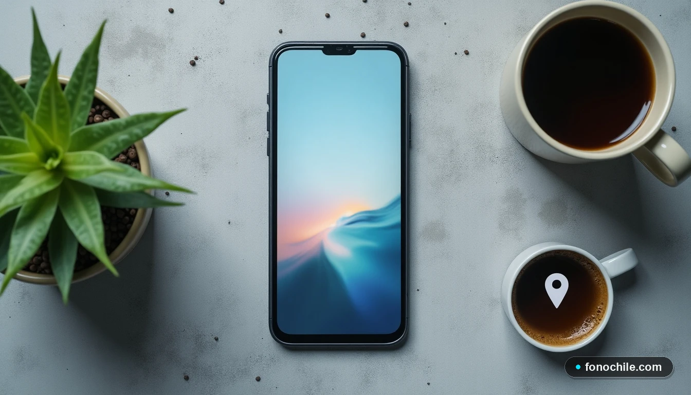 Vista superior de un teléfono inteligente, una planta pequeña, una taza de café y un ícono de ubicación en un diseño plano sobre una superficie de concreto, representando el internet prepago para la vida diaria.