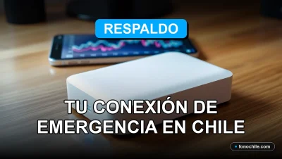 Un moderno router de respaldo de internet sobre una mesa de madera, con luces LED azules y pantallas mostrando gráficos abstractos.