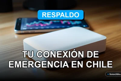 Un moderno router de respaldo de internet sobre una mesa de madera, con luces LED azules y pantallas mostrando gráficos abstractos.