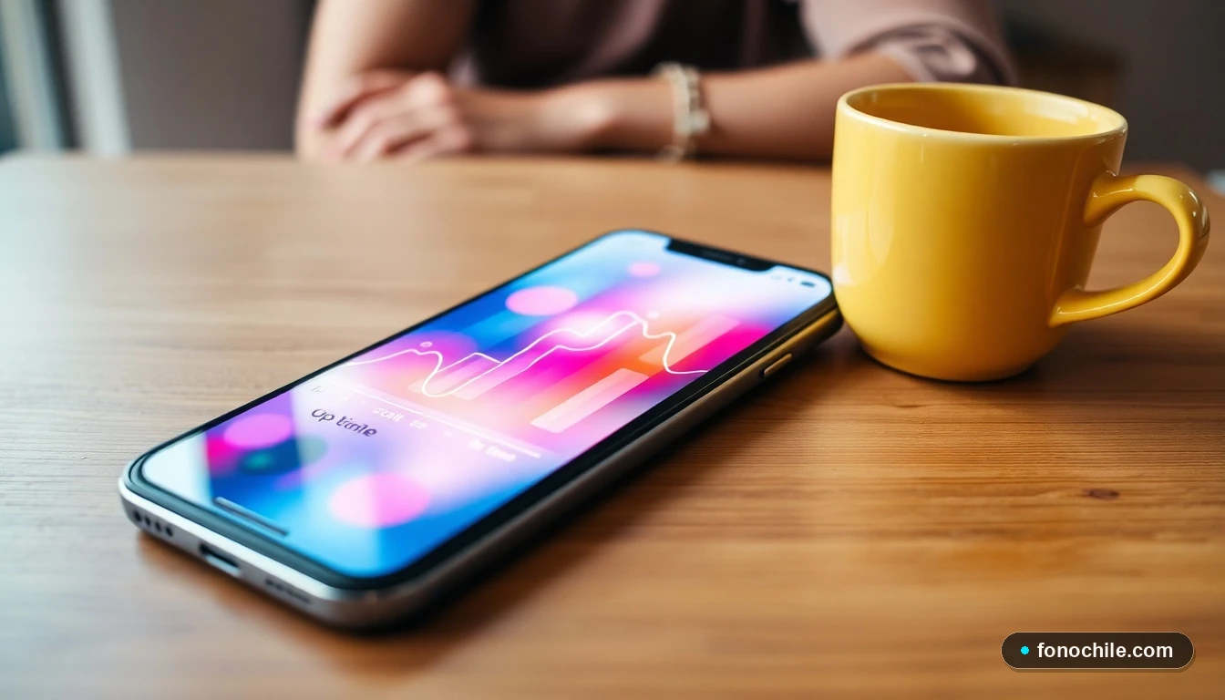 Gráfico abstracto de colores mostrando estabilidad de red en la pantalla de un smartphone sobre una mesa de madera.